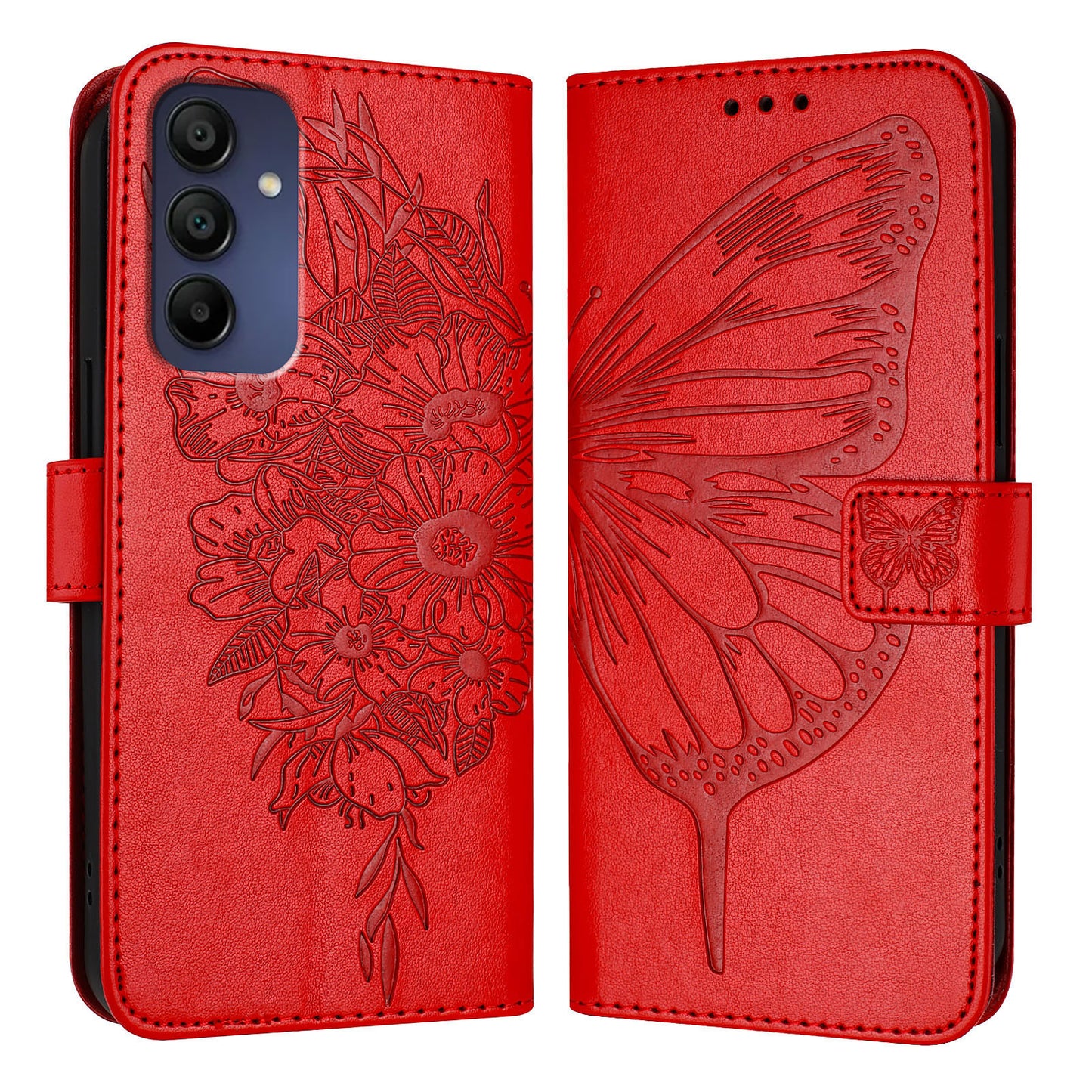 For Samsung Galaxy A16 5G / A16 4G Case YB Imprinting Series-4 Butterfly Flower Flip Wallet Leather Phone Cover - Red
