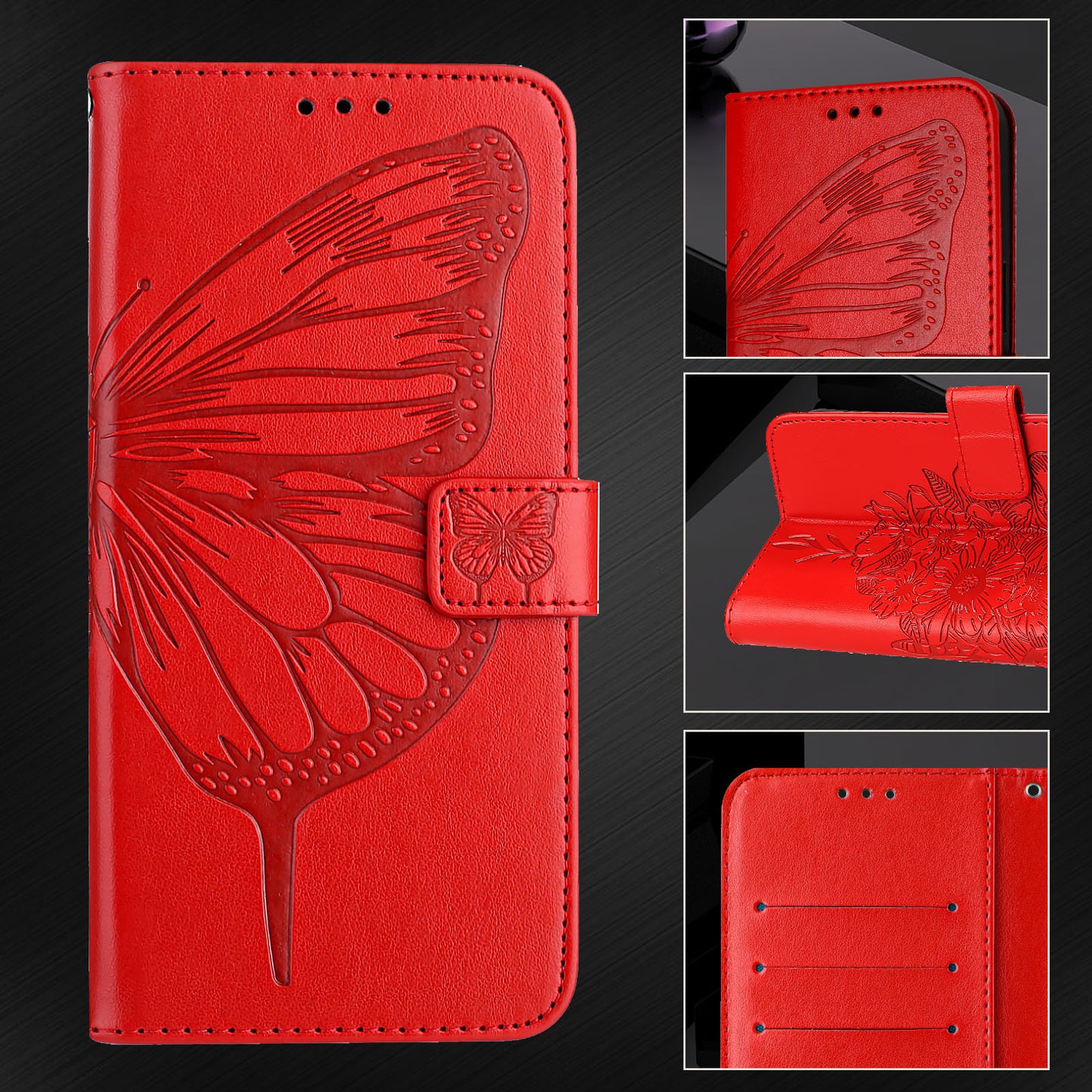 For Samsung Galaxy A16 5G / A16 4G Case YB Imprinting Series-4 Butterfly Flower Flip Wallet Leather Phone Cover - Red