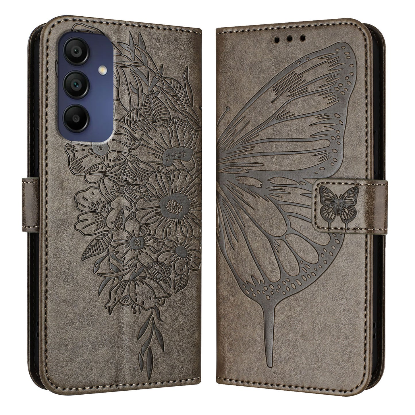 For Samsung Galaxy A16 5G / A16 4G Case YB Imprinting Series-4 Butterfly Flower Flip Wallet Leather Phone Cover - Grey