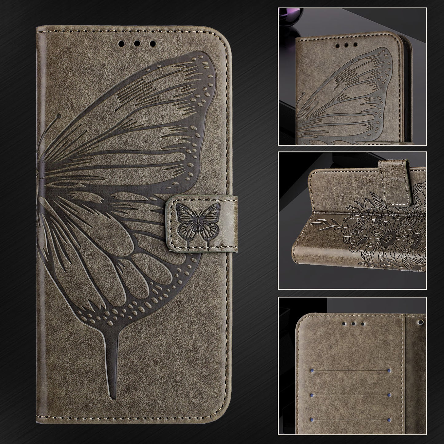 For Samsung Galaxy A16 5G / A16 4G Case YB Imprinting Series-4 Butterfly Flower Flip Wallet Leather Phone Cover - Grey