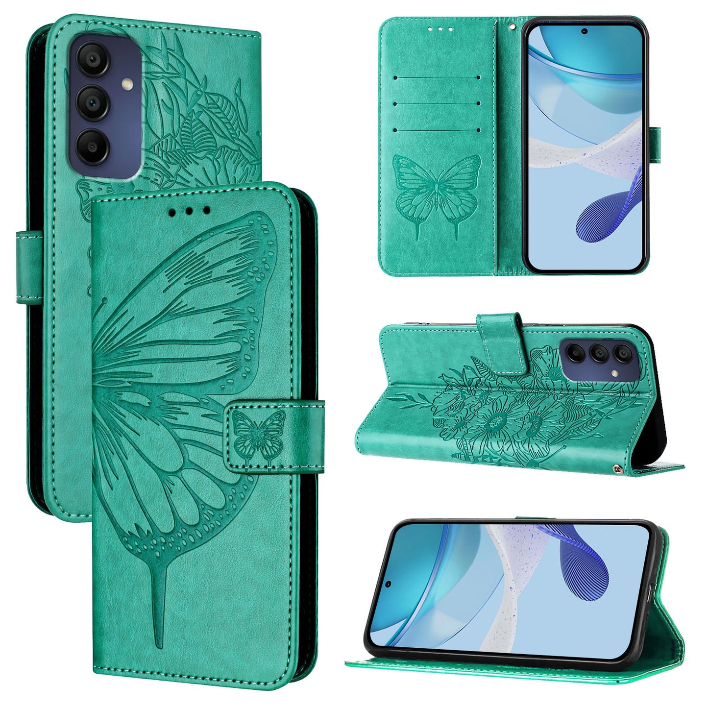For Samsung Galaxy A16 5G / A16 4G Case YB Imprinting Series-4 Butterfly Flower Flip Wallet Leather Phone Cover - Green