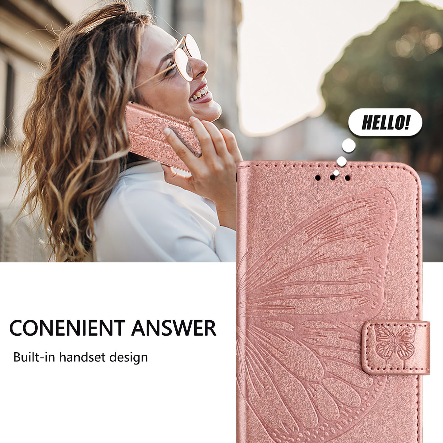 For Samsung Galaxy A16 5G / A16 4G Case YB Imprinting Series-4 Butterfly Flower Flip Wallet Leather Phone Cover -  Rose Gold