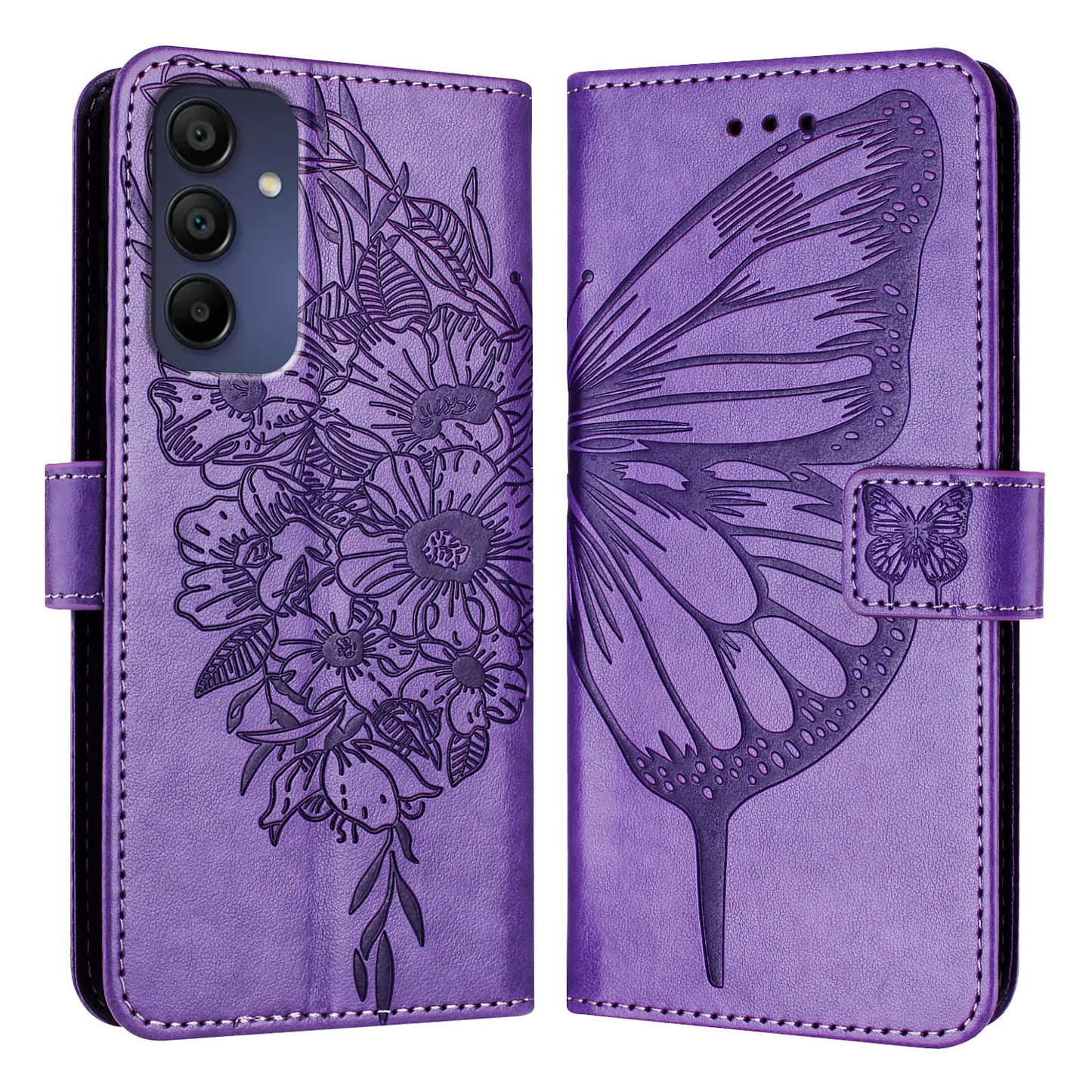 For Samsung Galaxy A16 5G / A16 4G Case YB Imprinting Series-4 Butterfly Flower Flip Wallet Leather Phone Cover - Purple