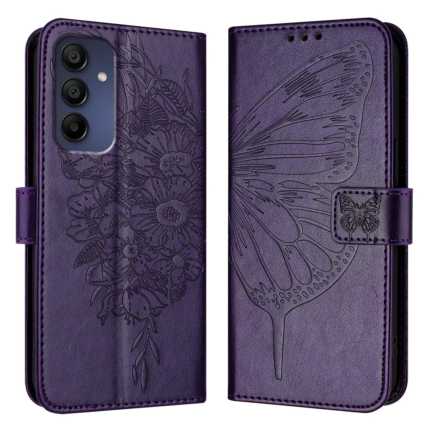 For Samsung Galaxy A16 5G / A16 4G Case YB Imprinting Series-4 Butterfly Flower Flip Wallet Leather Phone Cover - Dark Purple