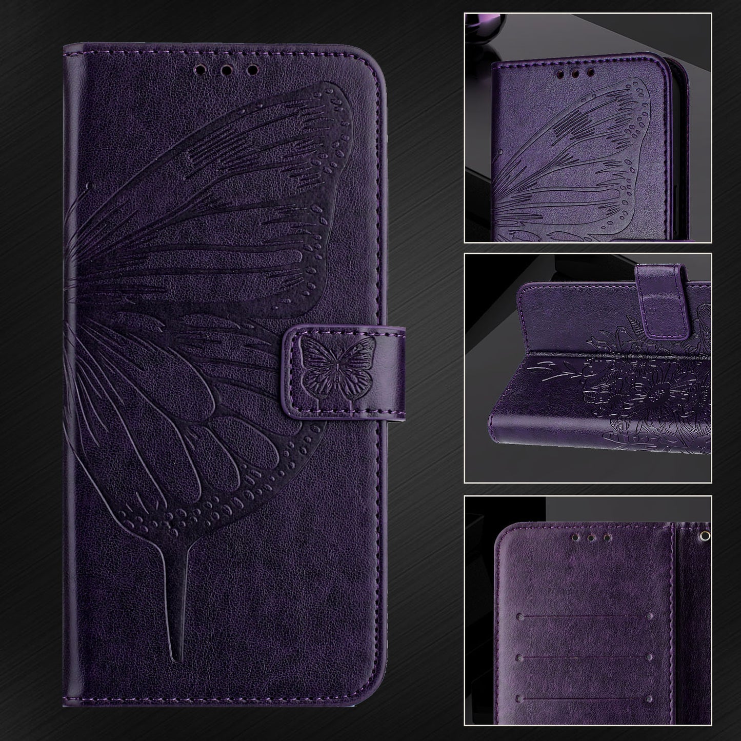 For Samsung Galaxy A16 5G / A16 4G Case YB Imprinting Series-4 Butterfly Flower Flip Wallet Leather Phone Cover - Dark Purple