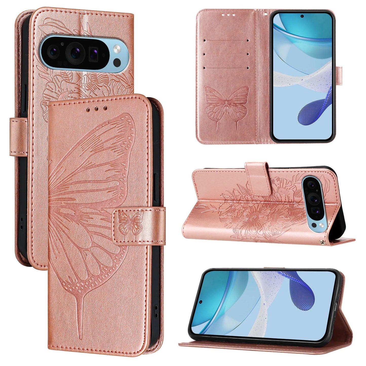 For Google Pixel 9 Pro XL Case YB Imprinting Series-4 Butterfly Flower Flip Wallet Leather Phone Cover - Rose Gold