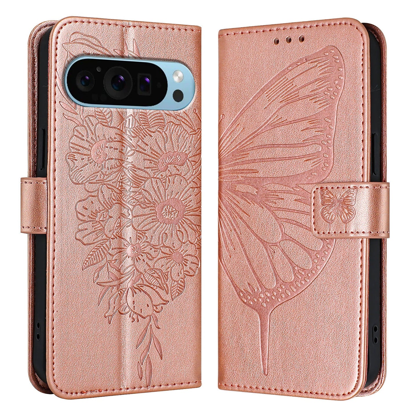 For Google Pixel 9 Pro XL Case YB Imprinting Series-4 Butterfly Flower Flip Wallet Leather Phone Cover - Rose Gold