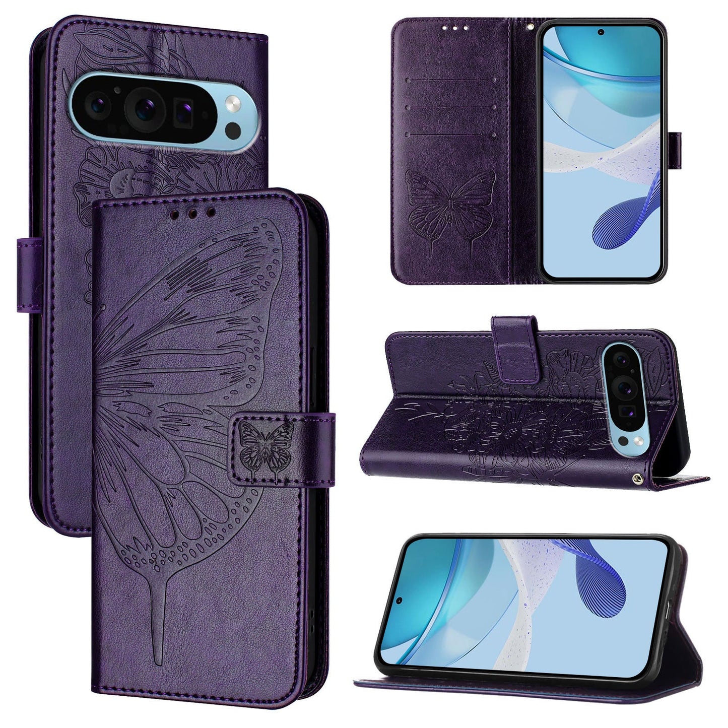 For Google Pixel 9 Pro XL Case YB Imprinting Series-4 Butterfly Flower Flip Wallet Leather Phone Cover - Dark Purple