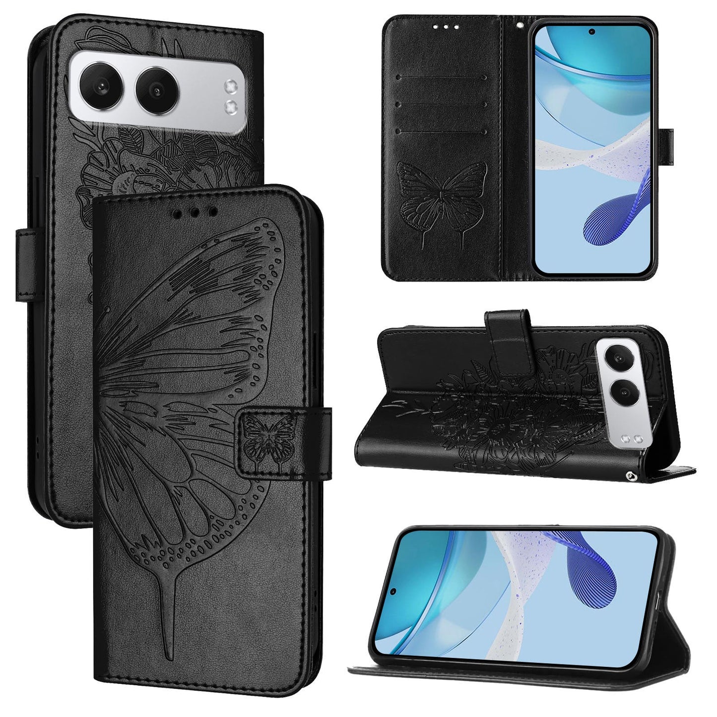 For OnePlus Nord 4 Case YB Imprinting Series-4 Butterfly Flower Flip Wallet Leather Phone Cover - Black