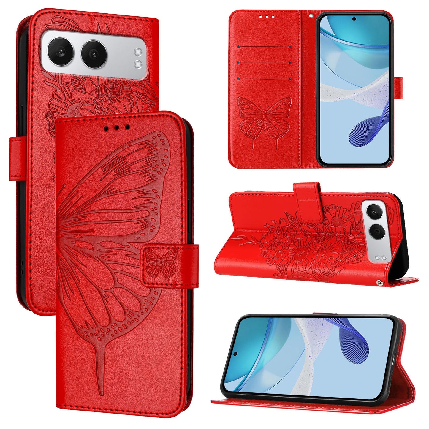 For OnePlus Nord 4 Case YB Imprinting Series-4 Butterfly Flower Flip Wallet Leather Phone Cover - Red