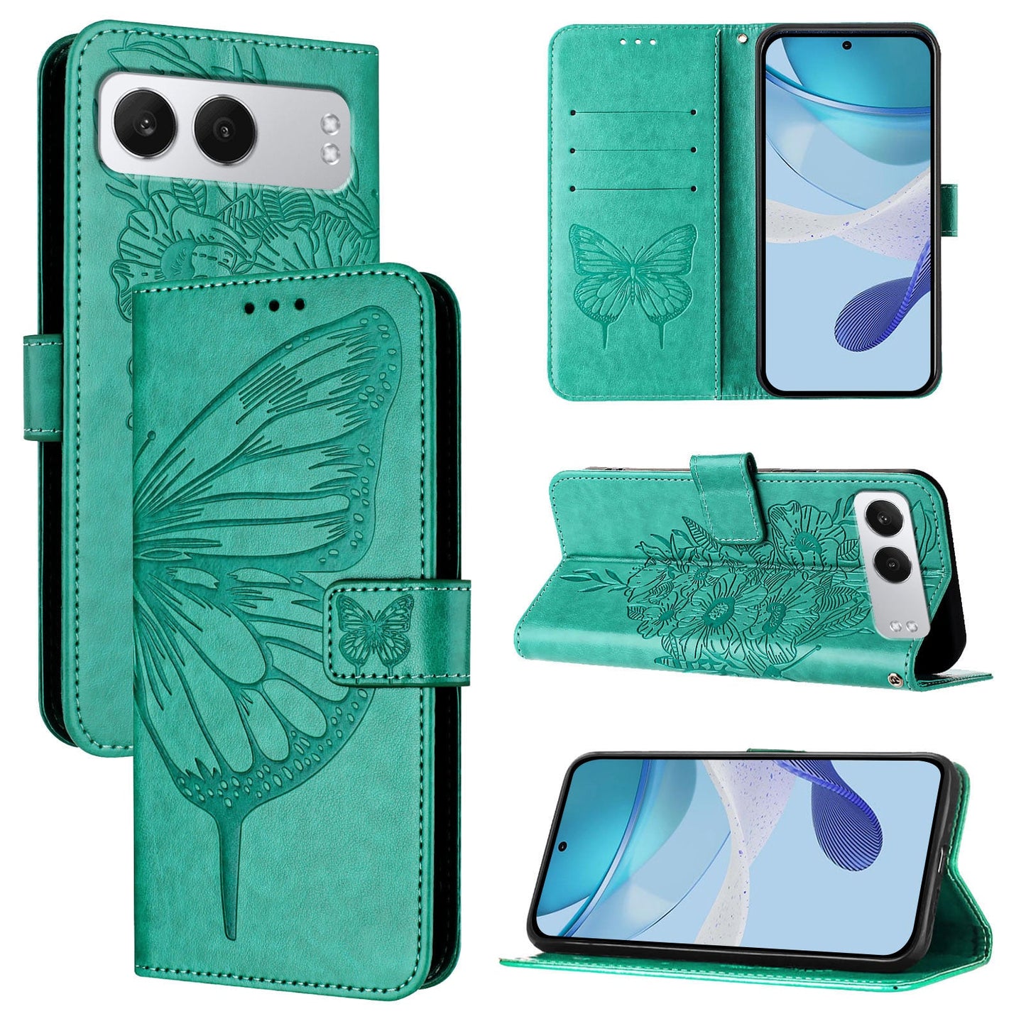 For OnePlus Nord 4 Case YB Imprinting Series-4 Butterfly Flower Flip Wallet Leather Phone Cover - Green