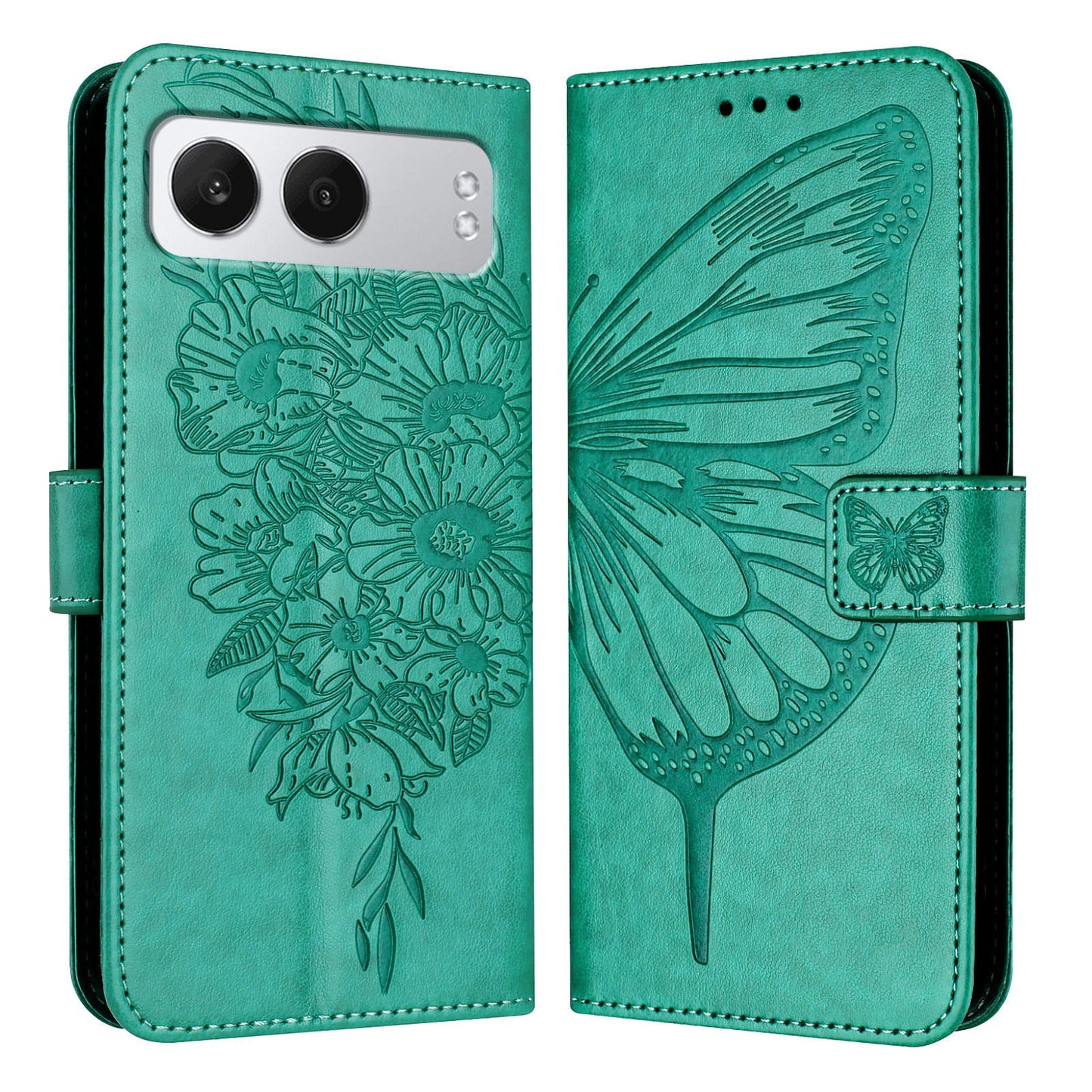 For OnePlus Nord 4 Case YB Imprinting Series-4 Butterfly Flower Flip Wallet Leather Phone Cover - Green