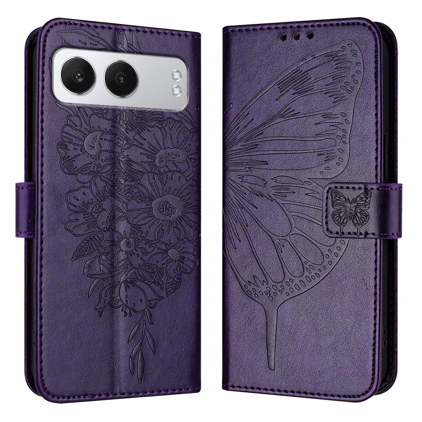 For OnePlus Nord 4 Case YB Imprinting Series-4 Butterfly Flower Flip Wallet Leather Phone Cover - Dark Purple
