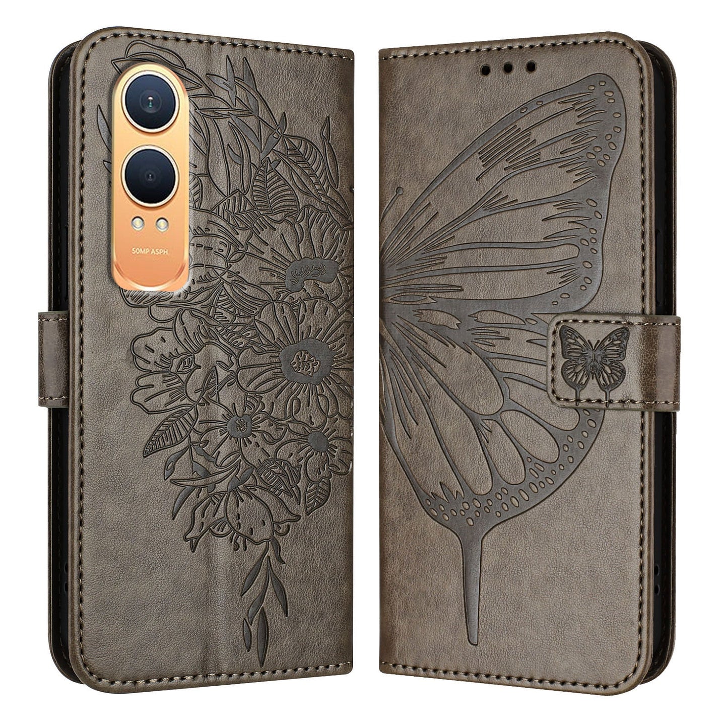 For OnePlus Nord CE4 Lite 5G Case YB Imprinting Series-4 Butterfly Flower Flip Wallet Leather Phone Cover - Grey