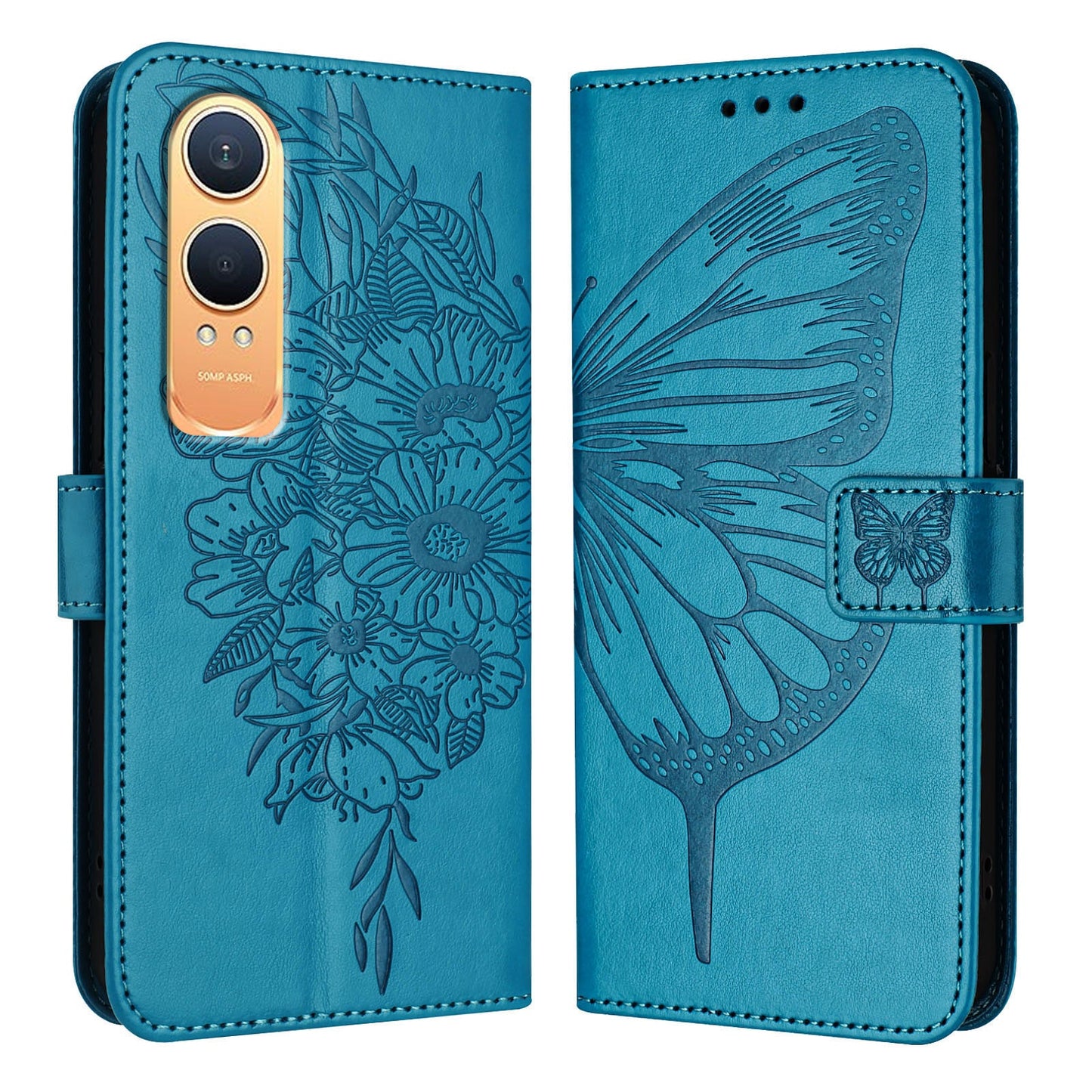 For OnePlus Nord CE4 Lite 5G Case YB Imprinting Series-4 Butterfly Flower Flip Wallet Leather Phone Cover - Blue