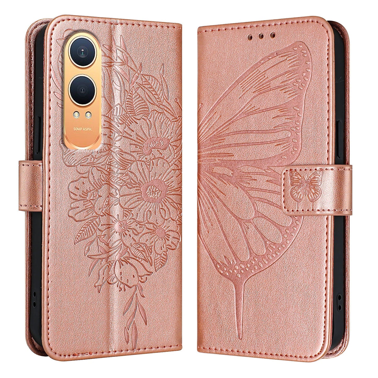 For OnePlus Nord CE4 Lite 5G Case YB Imprinting Series-4 Butterfly Flower Flip Wallet Leather Phone Cover - Rose Gold