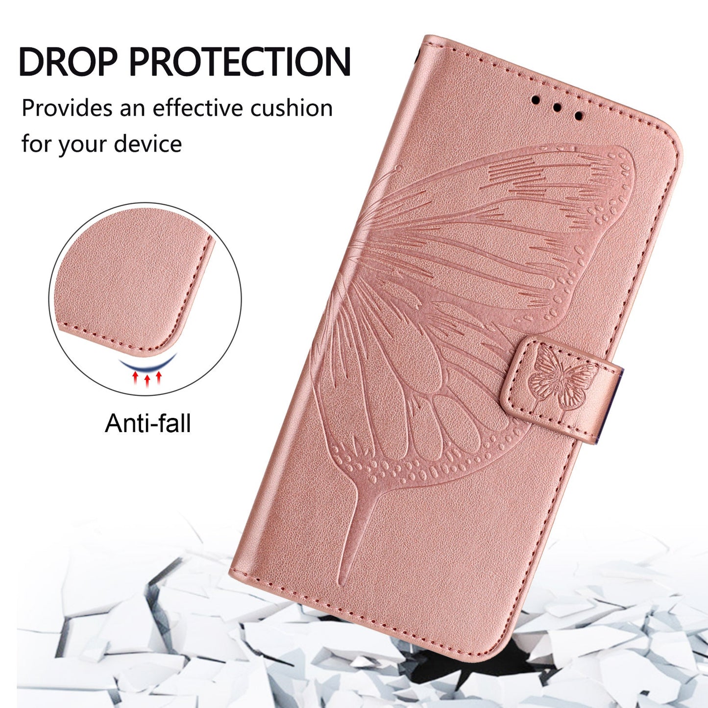 For OnePlus Nord CE4 Lite 5G Case YB Imprinting Series-4 Butterfly Flower Flip Wallet Leather Phone Cover - Rose Gold