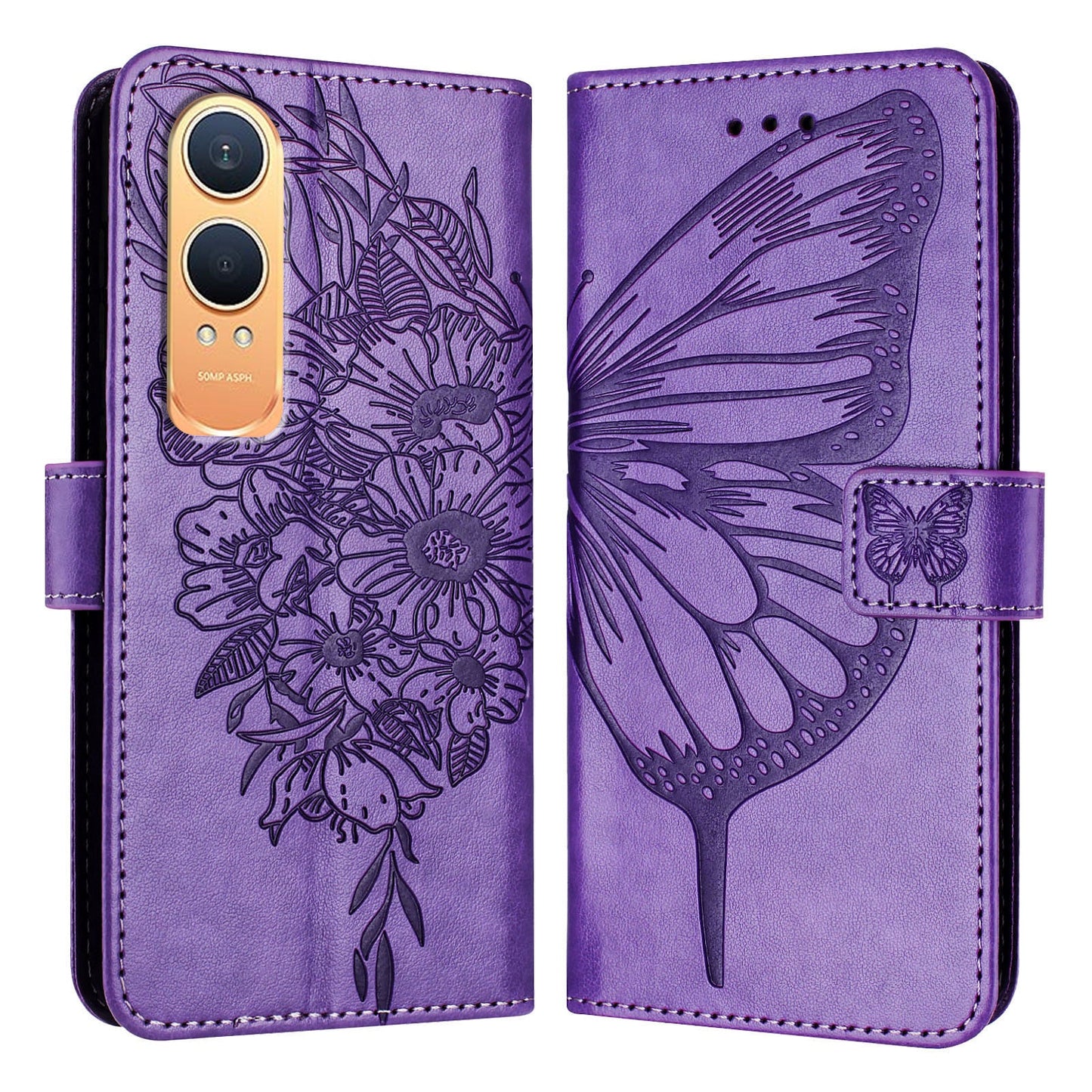 For OnePlus Nord CE4 Lite 5G Case YB Imprinting Series-4 Butterfly Flower Flip Wallet Leather Phone Cover - Purple