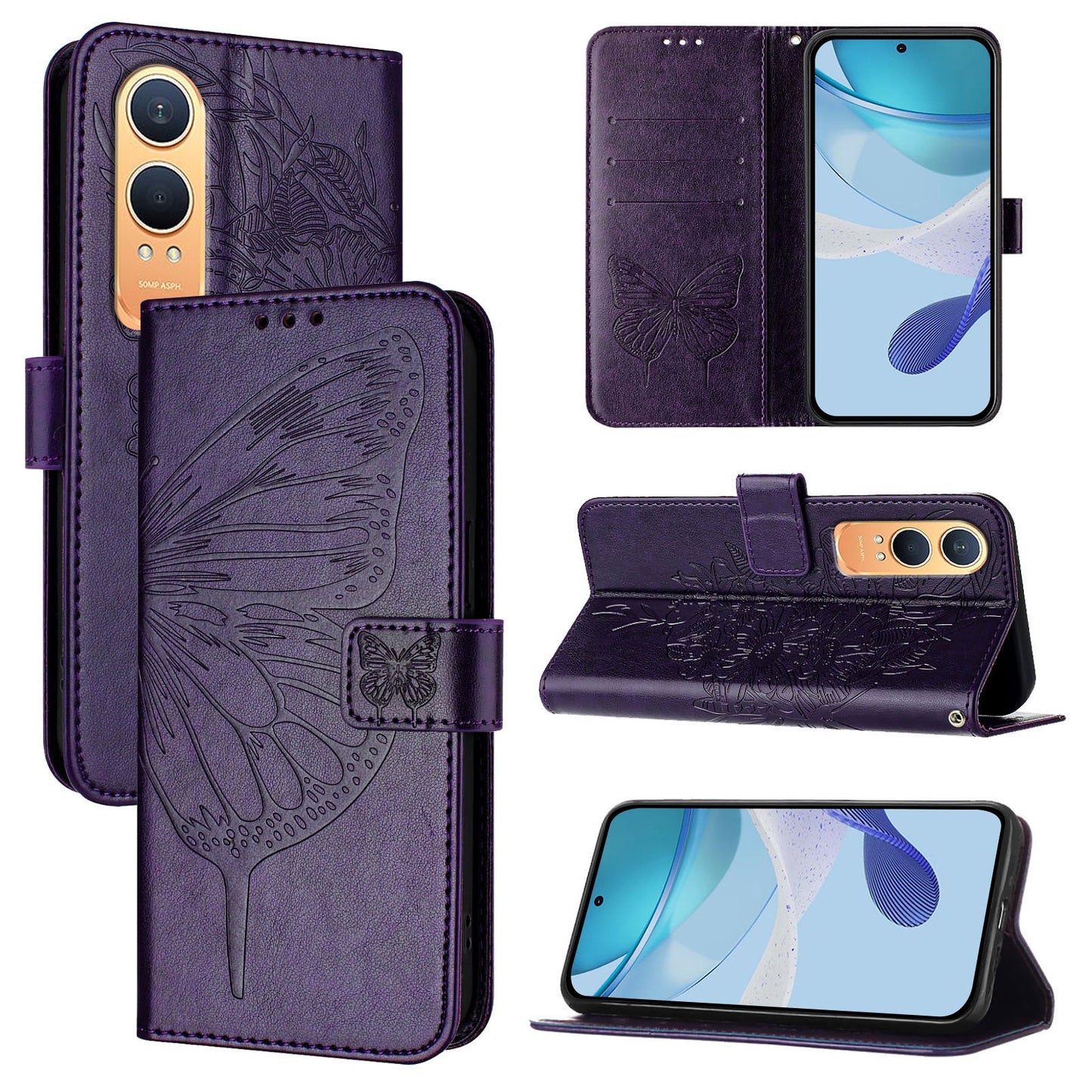 For OnePlus Nord CE4 Lite 5G Case YB Imprinting Series-4 Butterfly Flower Flip Wallet Leather Phone Cover - Dark Purple