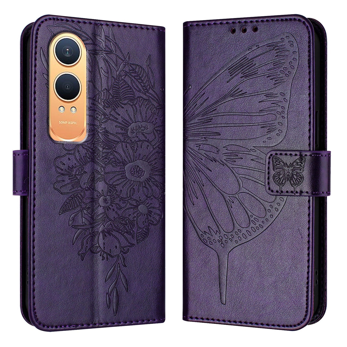 For OnePlus Nord CE4 Lite 5G Case YB Imprinting Series-4 Butterfly Flower Flip Wallet Leather Phone Cover - Dark Purple