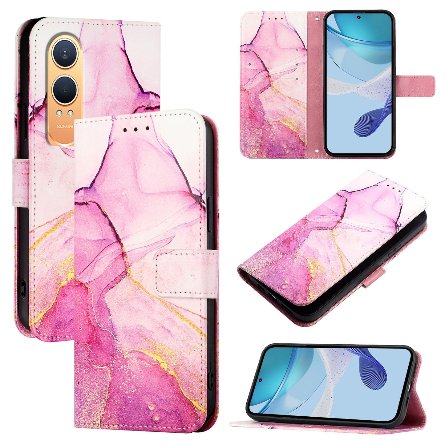 For OnePlus Nord CE4 Lite 5G Case YB Pattern Printing Leather Series-5 Marble Pattern Wallet Phone Cover - Pink / Purple / Gold LS001