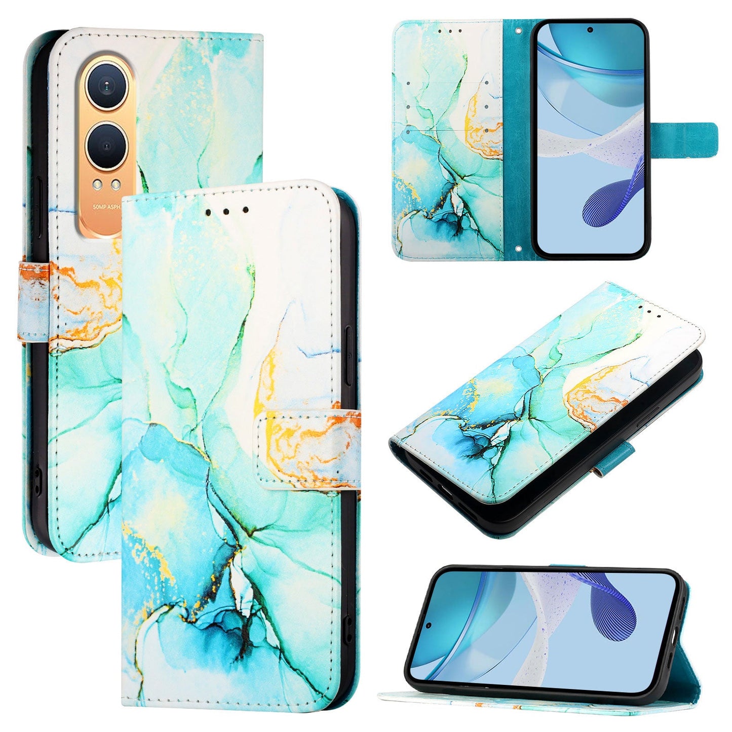 For OnePlus Nord CE4 Lite 5G Case YB Pattern Printing Leather Series-5 Marble Pattern Wallet Phone Cover - Green LS003