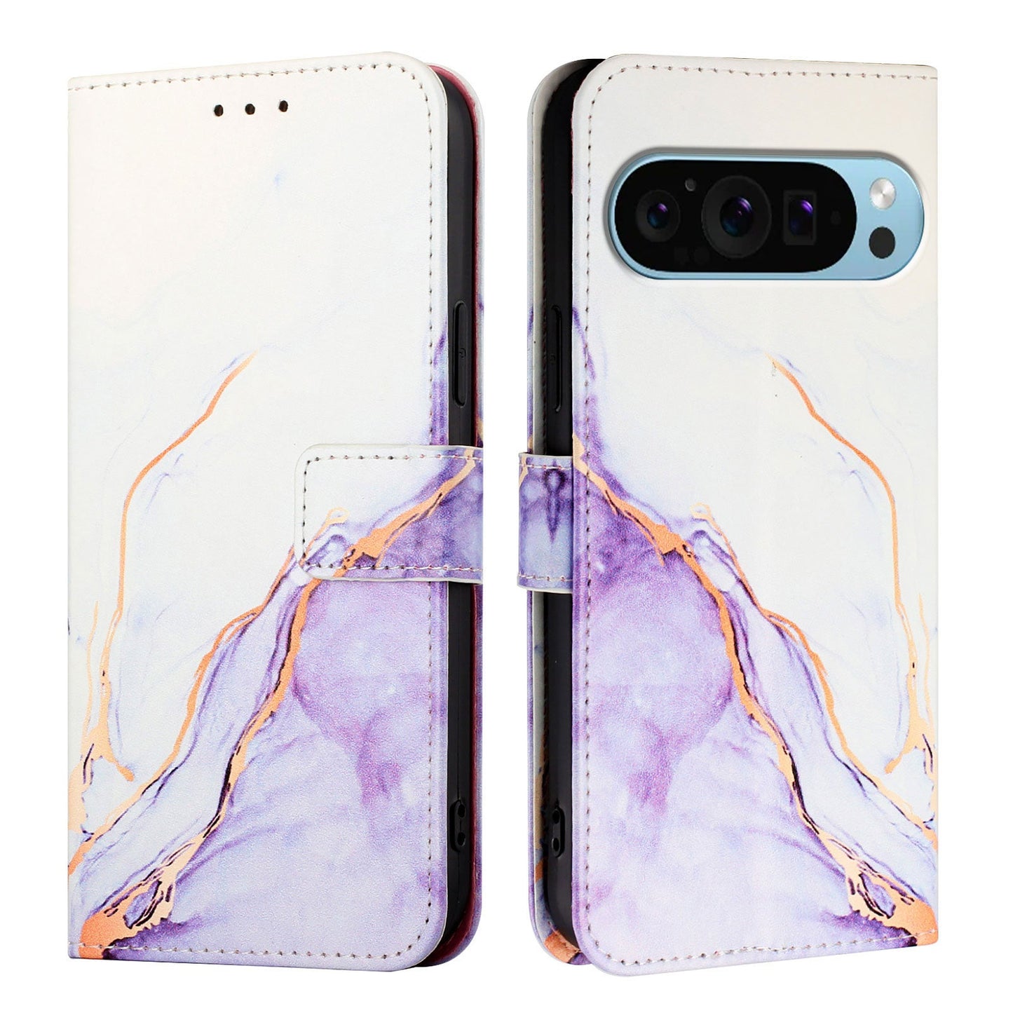 For Google Pixel 9 Pro XL Case YB Pattern Printing Leather Series-5 Marble Pattern Wallet Phone Cover - White / Purple LS006
