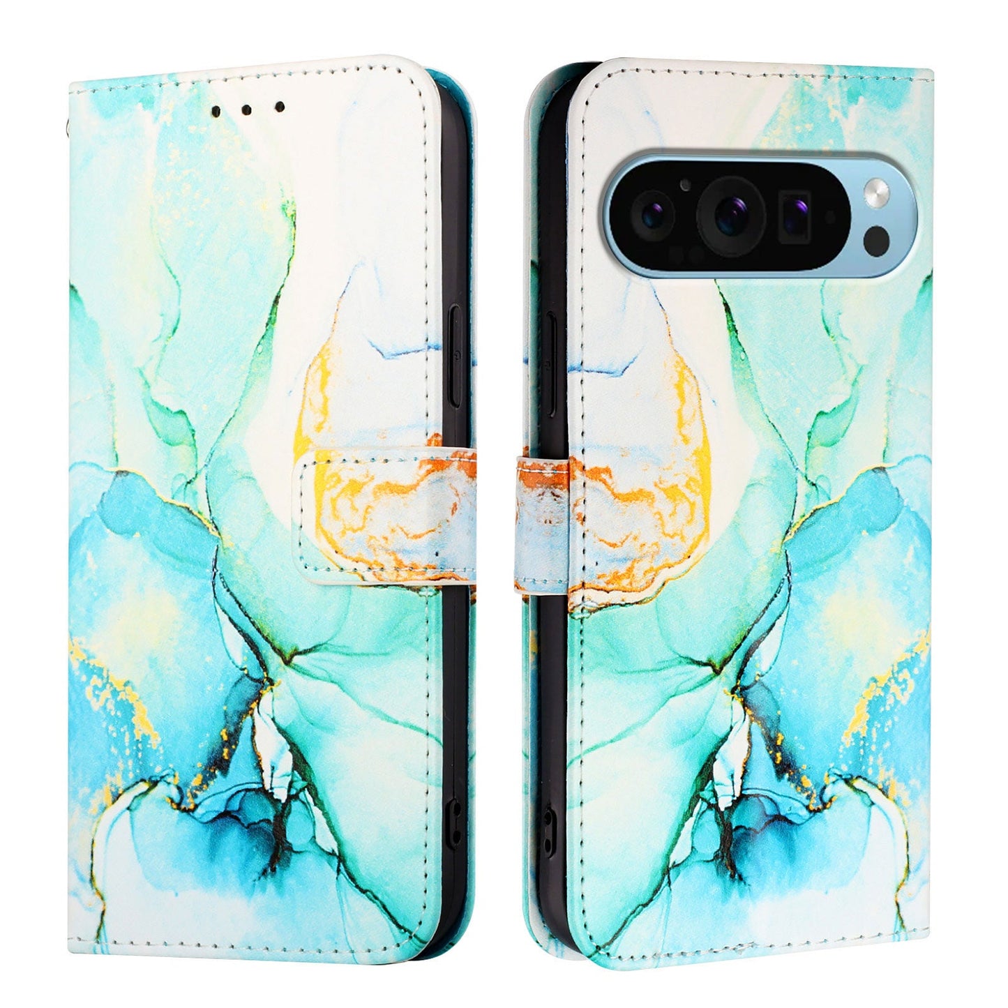 For Google Pixel 9 Pro XL Case YB Pattern Printing Leather Series-5 Marble Pattern Wallet Phone Cover - Green LS003