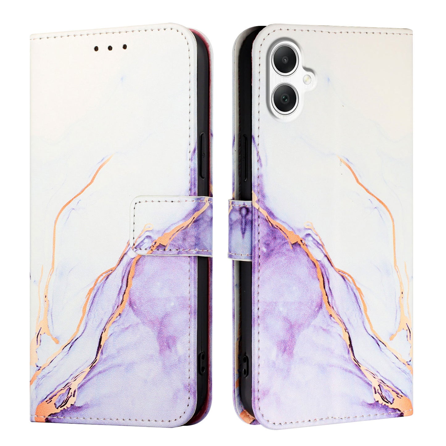 For Samsung Galaxy A06 Case YB Pattern Printing Leather Series-5   Marble Pattern Wallet Phone Cover - White / Purple LS006
