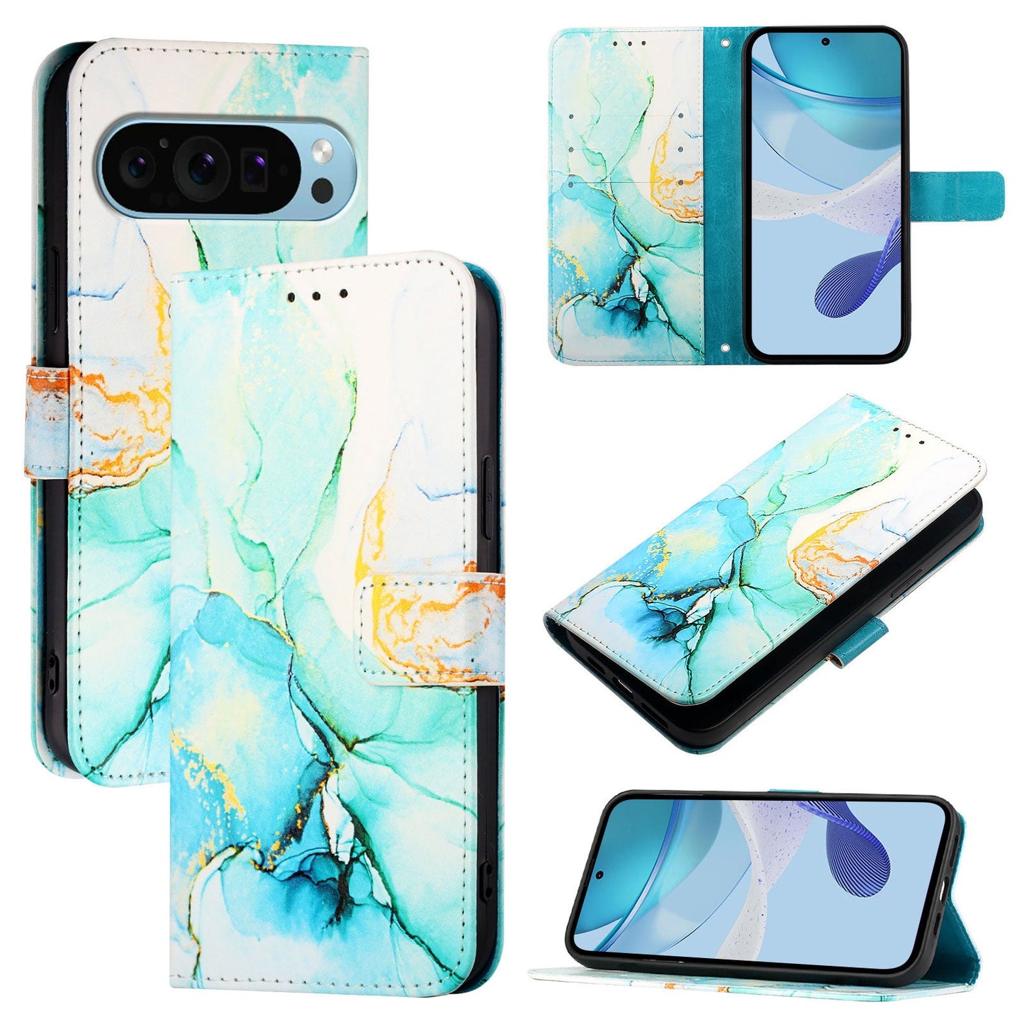 For Google Pixel 9 Pro / Google Pixel 9 Case YB Pattern Printing Leather Series-5 Marble Pattern Wallet Phone Cover - Green LS003