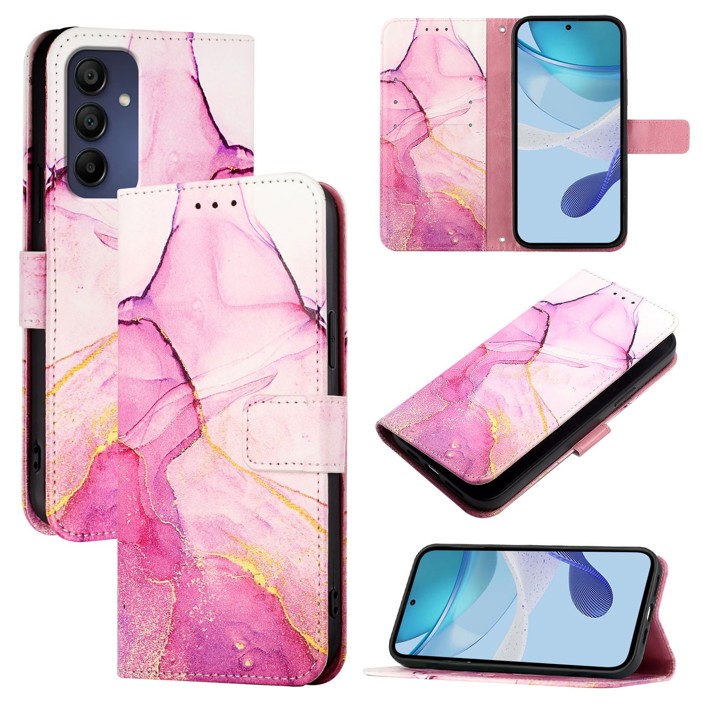 For Samsung Galaxy A16 5G / A16 4G Case YB Pattern Printing Leather Series-5   Marble Pattern Wallet Phone Cover - Pink / Purple / Gold LS001