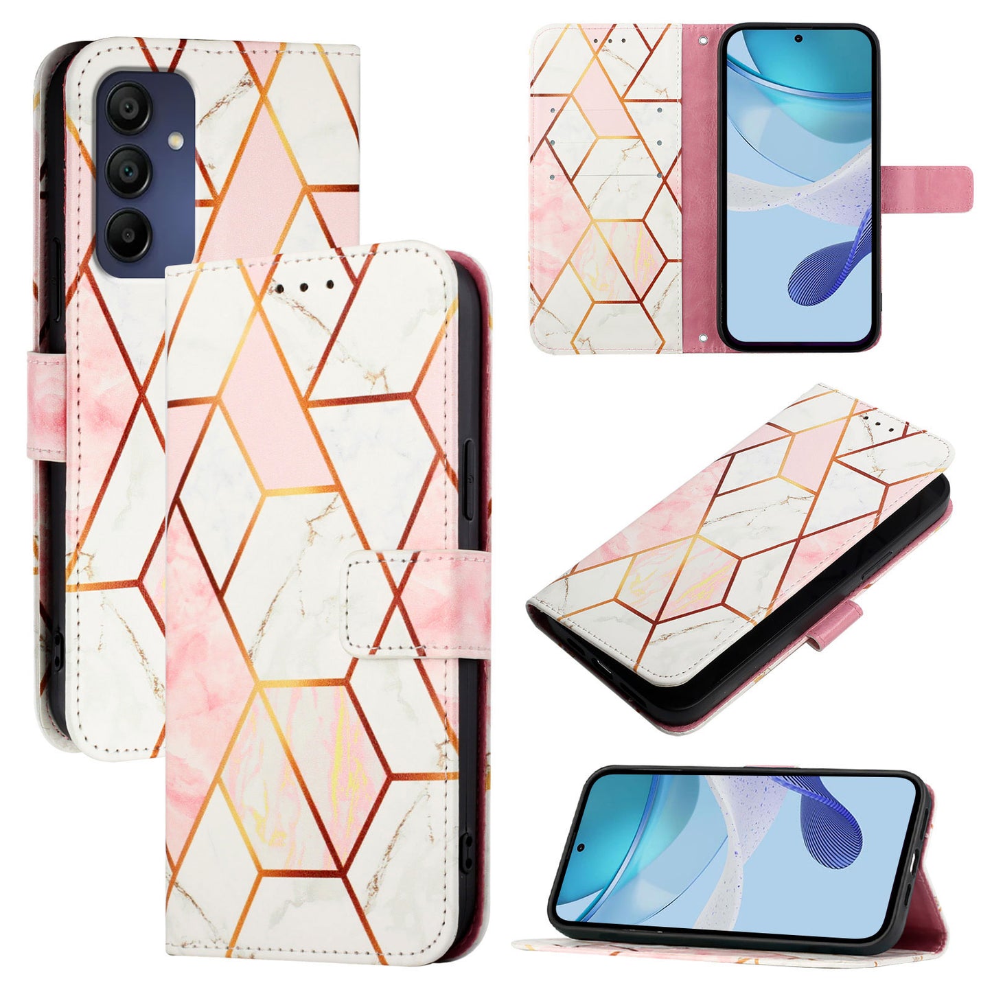 For Samsung Galaxy A16 5G / A16 4G Case YB Pattern Printing Leather Series-5   Marble Pattern Wallet Phone Cover -  Pink / White LS002