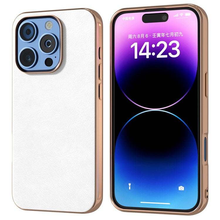 For iPhone 16 Pro Case Electroplating Phone Cover PU Leather+TPU Litchi Texture Case - White