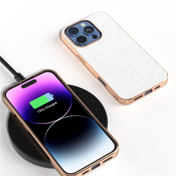 For iPhone 16 Pro Case Electroplating Phone Cover PU Leather+TPU Litchi Texture Case - White