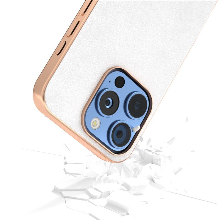 For iPhone 16 Pro Case Electroplating Phone Cover PU Leather+TPU Litchi Texture Case - White
