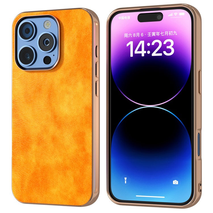 For iPhone 16 Pro Case Electroplating Phone Cover PU Leather+TPU Litchi Texture Case - Orange