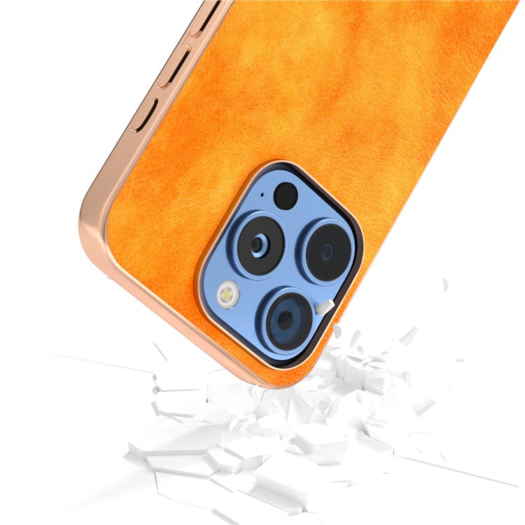 For iPhone 16 Pro Case Electroplating Phone Cover PU Leather+TPU Litchi Texture Case - Orange