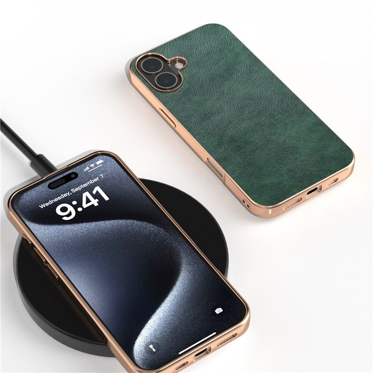 For iPhone 16 Case Electroplating Phone Cover PU Leather+TPU Litchi Texture Case - Green