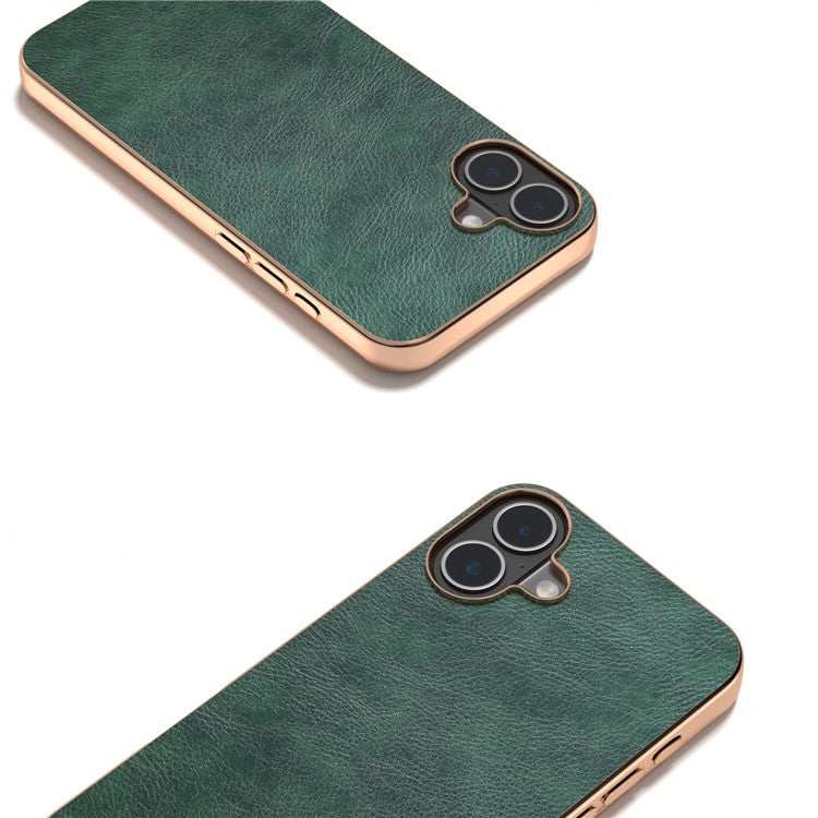 For iPhone 16 Case Electroplating Phone Cover PU Leather+TPU Litchi Texture Case - Green