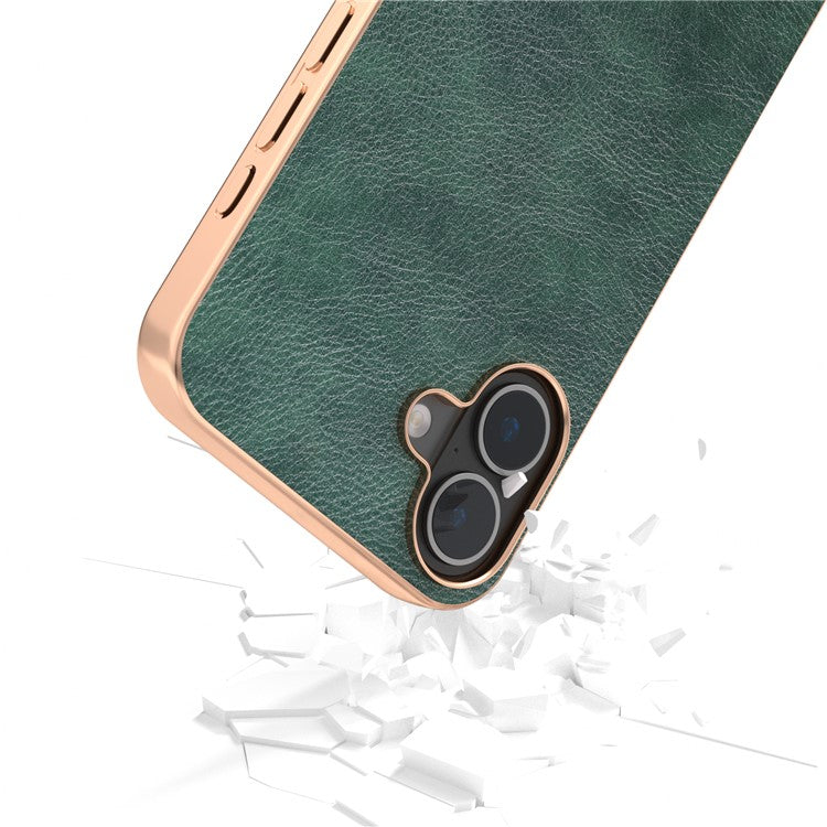 For iPhone 16 Case Electroplating Phone Cover PU Leather+TPU Litchi Texture Case - Green