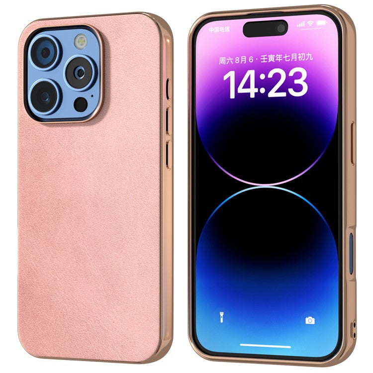 For iPhone 16 Pro Case Electroplating Phone Cover Cowhide Texture PU+TPU Protective Case - Pink