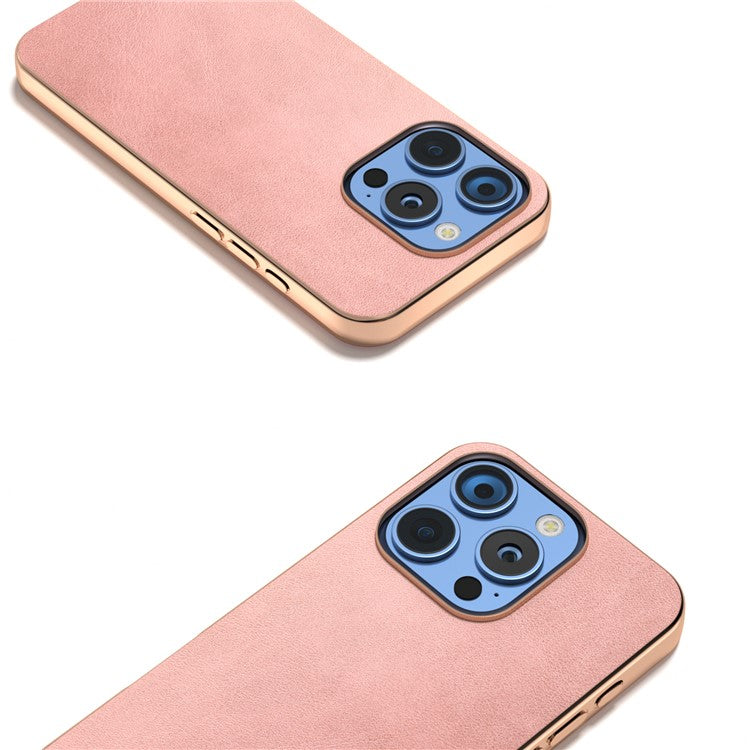 For iPhone 16 Pro Case Electroplating Phone Cover Cowhide Texture PU+TPU Protective Case - Pink