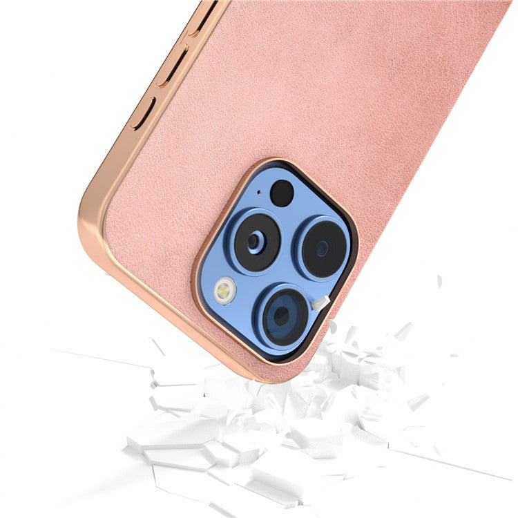 For iPhone 16 Pro Case Electroplating Phone Cover Cowhide Texture PU+TPU Protective Case - Pink