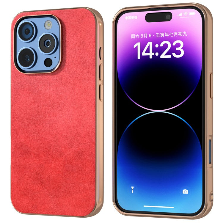For iPhone 16 Pro Case Electroplating Phone Cover Cowhide Texture PU+TPU Protective Case - Red
