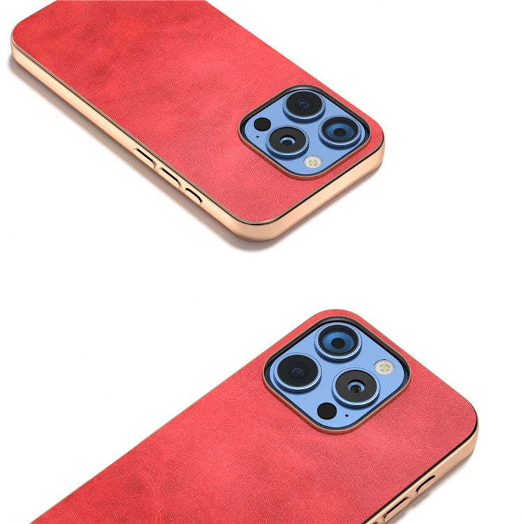 For iPhone 16 Pro Case Electroplating Phone Cover Cowhide Texture PU+TPU Protective Case - Red