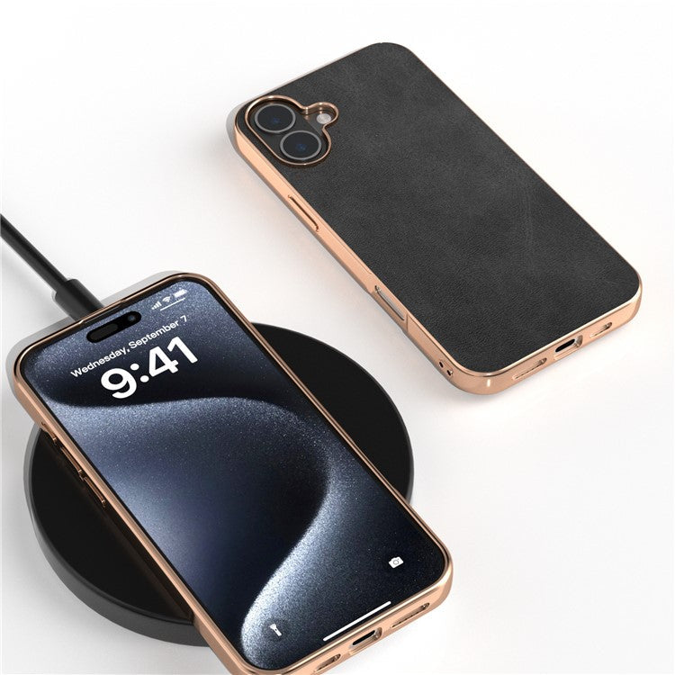 For iPhone 16 Plus Case Electroplating Phone Cover Cowhide Texture PU+TPU Protective Case - Black