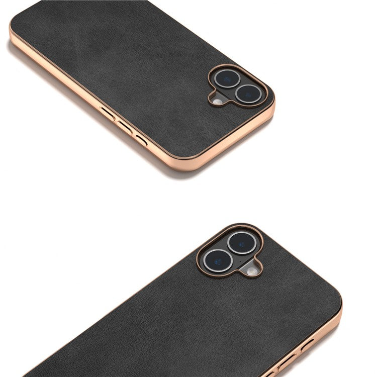 For iPhone 16 Plus Case Electroplating Phone Cover Cowhide Texture PU+TPU Protective Case - Black