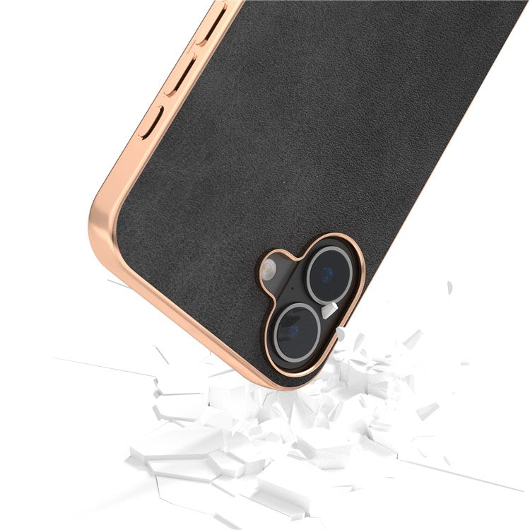 For iPhone 16 Plus Case Electroplating Phone Cover Cowhide Texture PU+TPU Protective Case - Black