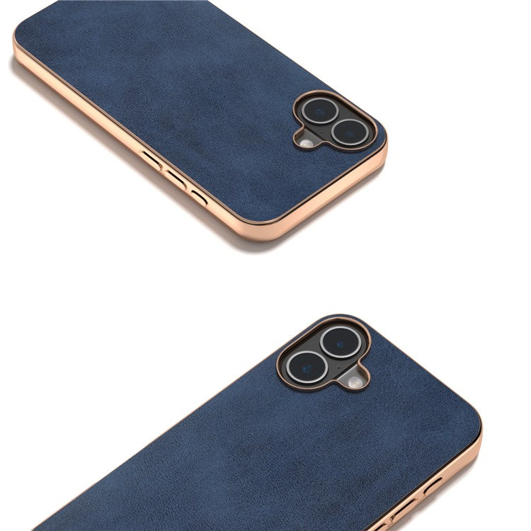 For iPhone 16 Case Electroplating Phone Cover Cowhide Texture PU+TPU Protective Case - Blue