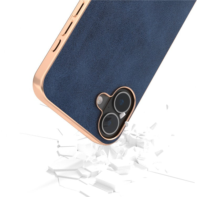 For iPhone 16 Case Electroplating Phone Cover Cowhide Texture PU+TPU Protective Case - Blue